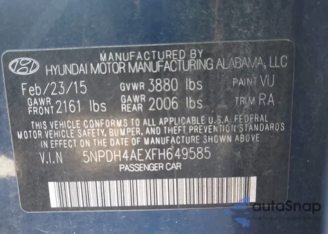 2015 Hyundai Elantra Se z USA, uszkodzony, nr VIN 5NPDH4AEXFH649585